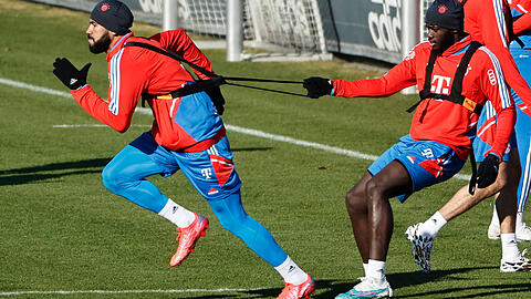 Hiergeblieben: Abwehrmann Dayot Upamecano (rechts) und Offensivspieler Eric Maxim Choupo-Moting sind beim FC Bayern wieder ins Teamtraining eingestiegen.
