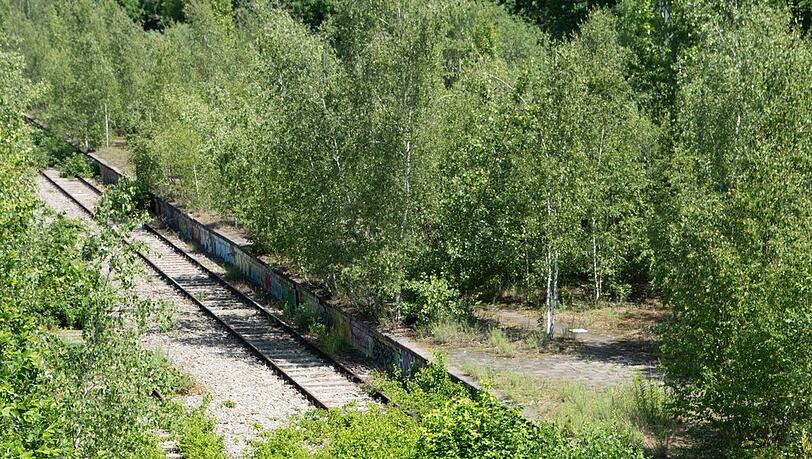 die alte Treppe von den Gleisen hoch zum stillgelegten Bahnhofsgebäude