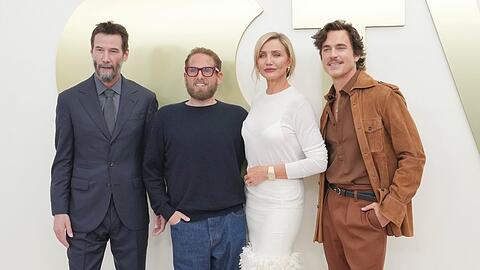 Keanu Reeves, Jonah Hill, Cameron Diaz und Matt Bomer (v.l.n.r.) auf dem Apple-TV-Pressetag.