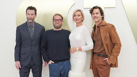 Keanu Reeves, Jonah Hill, Cameron Diaz und Matt Bomer (v.l.n.r.) auf dem Apple-TV-Pressetag.
