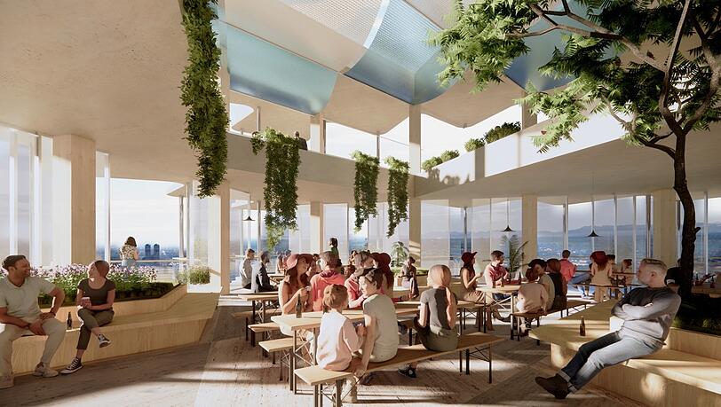 Auch ein öffentlich zugänglicher Biergarten ist in einem Turm geplant. Auch ein öffentlich zugänglicher Biergarten ist in einem Turm geplant.