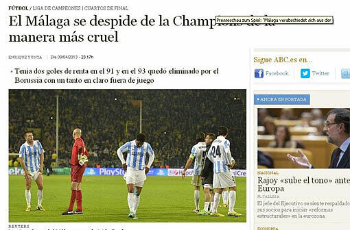 Auch die spanische Sportzeitung "ABC" leidet mit Málaga: "Es gibt keine schmerzhaftere Art zu fallen." Und weiter: "Die Mannschaft verabschiedet sich mit einer offenen Wunde am Herzen."