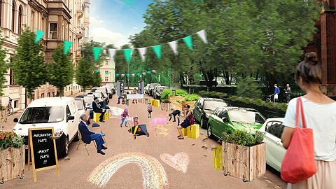 Rund um zwei Parkplätze (Bildmitte) am Mariannenplatz, die für mehr Grün vorübergehend wegfallen würden, entzündete sich eine hitzige Debatte im Bezirksausschuss Altstadt-Lehel. Die ursprüngliche Idee war, dass im Sommer sogar bis zu 20 Parkplätze verschwinden.