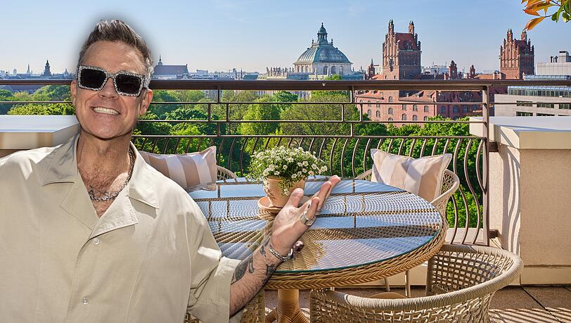 Robbie Williams wird am Samstag ein Konzert geben – und wohnt in einer der nobelsten Suiten Münchens. Das Foto zeigt die Dachterrasse mit Traum-Ausblick.