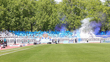 36. Spieltag, 3. Liga, Saison 2025 2026: Choreografie der M&uuml;nchner Fans mit blauem Rauch und Pyrotechnik beim Spiel gegen den FC Schweinfurt 05