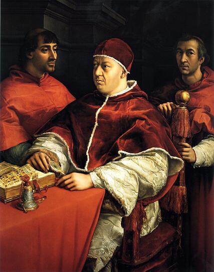 Raffaels Porträt des Papsts Leo X. mit seinen Cousins, den Kardinälen Giulio de' Medici (links) und Luigi de' Rossi (rechts).