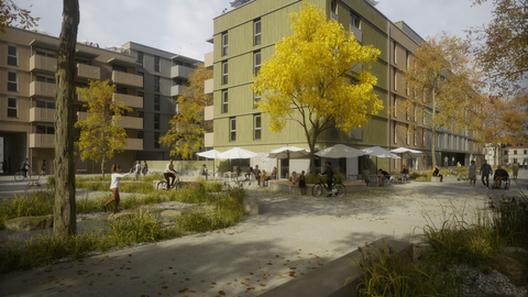 Holzhybridgebäude, teils mit begrünten Dächern, auf denen man spielen und garteln kann - so sollen die Häuser am Kreativfeld aussehen.