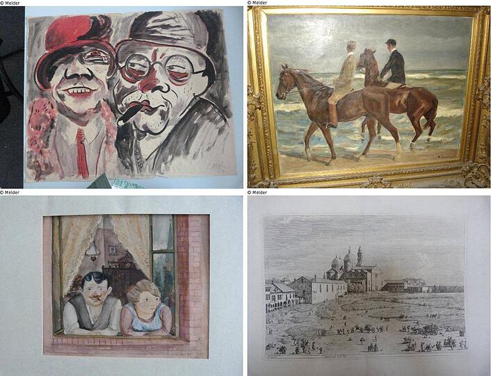 Kombo zeigt vier von 25 Werken aus dem spektakulären Münchner Kunstfund, die seit 11.11.2013 online einsehbar in der Lostart-Datenbank aufgelistet sind und bei denen laut Behördenangaben «der begründete Verdacht auf NS-verfolgungsbedingten Entzug» besteht. Im Uhrzeigersinn von links oben: Hans Christoph: «Paar», Aquarell, 1924, Max Liebermann: «Reiter am Strand», Gemälde, 1901, Wilhelm Lachnit: «Mann und Frau am Fenster», Aquarell, 1923, Antonio Canaletto: «Sa. Giustina in Pra della Vale» in Padua, Druckgrafik, 1751/1800.