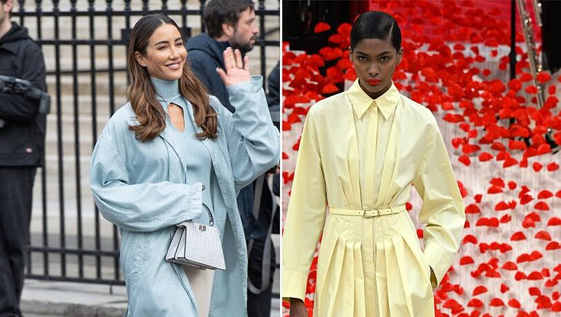 Auch die Modeh&auml;user Fendi (li.) und Akris (re.) setzen auf Pastellblau und sanfte Gelbt&ouml;ne.