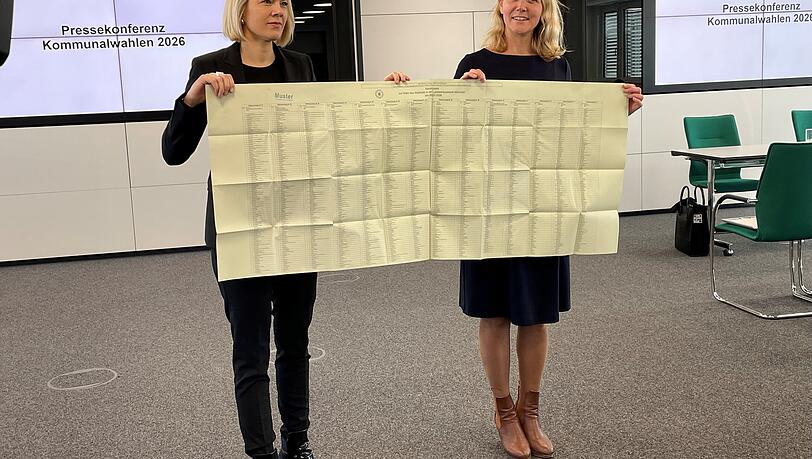 IT-Referentin Laura Dornheim und KVR-Chefin Hanna Sammüller mit dem großen Stimmzettel für die Stadtratswahl. IT-Referentin Laura Dornheim und KVR-Chefin Hanna Sammüller mit dem großen Stimmzettel für die Stadtratswahl.