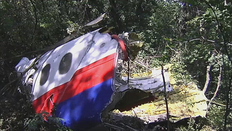 Erste TV-Aufnahmen zeigen große Wrackteile der Boeing (Flug MH17) in einem nahegelegenen Waldstück. Erste TV-Aufnahmen zeigen große Wrackteile der Boeing (Flug MH17) in einem nahegelegenen Waldstück.