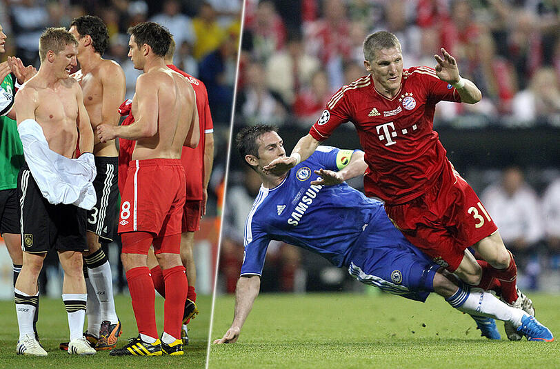 Trikottausch und Handschlag: Schweinsteiger (l.) und Lampard bei der WM 2010. Und: Was sich mag, das tritt sich: Lampard (r.) und Schweinsteiger 2012.