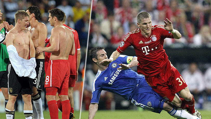 Trikottausch und Handschlag: Schweinsteiger (l.) und Lampard bei der WM 2010. Und: Was sich mag, das tritt sich: Lampard (r.) und Schweinsteiger 2012. Trikottausch und Handschlag: Schweinsteiger (l.) und Lampard bei der WM 2010. Und: Was sich mag, das tritt sich: Lampard (r.) und Schweinsteiger 2012.