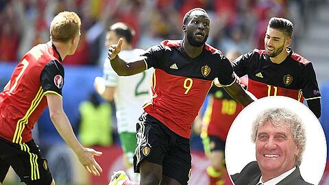 &bdquo;Wir müssen mit dieser Mannschaft auf jeden Fall unter die ersten Vier kommen&ldquo;, sagt Torwart-Ikone Jean-Marie Pfaff (kl. Bild) über das belgische Team um Kevin De Bruyne, Romelu Lukaku und Yannick Carrasco (v.l.).