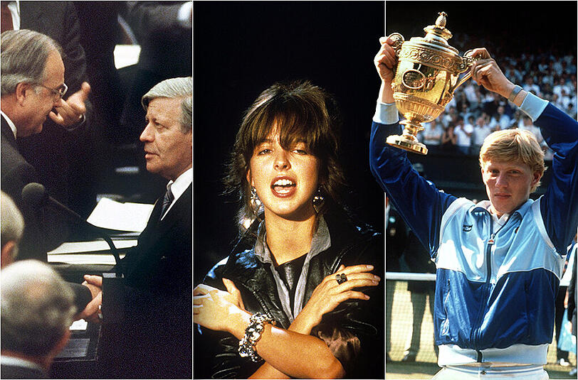 Politischer Umbruch in Deutschland (l.), "99 Luftballons" von Nena wird zum Ohrwurm (m.) und Boris Becker gewinnt Wimbledon. Laut einer Umfrage sind die 80er das beliebteste Jahrzehnt der Deutschen.