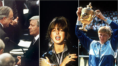 Politischer Umbruch in Deutschland (l.), "99 Luftballons" von Nena wird zum Ohrwurm (m.) und Boris Becker gewinnt Wimbledon. Laut einer Umfrage sind die 80er das beliebteste Jahrzehnt der Deutschen.