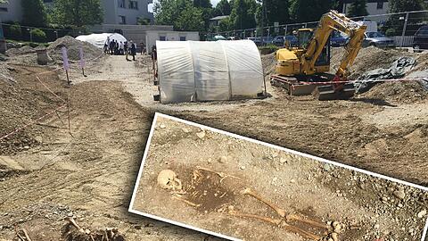 Grabreste, Gebeine, Absperrungen: Auf diesem Grundstück an der Josef-Retzer-Straße 14 fanden Archäologen eine 1500 Jahre alte Reihengrabanlage. Wenn alle Funde ausgegraben sind, entstehen Wohnungen.
