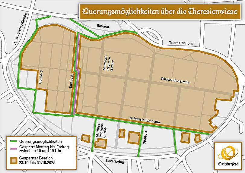 Hier der Plan für die Querung der Theresienwiese zwischen dem 23. Oktober und 31. Oktober.