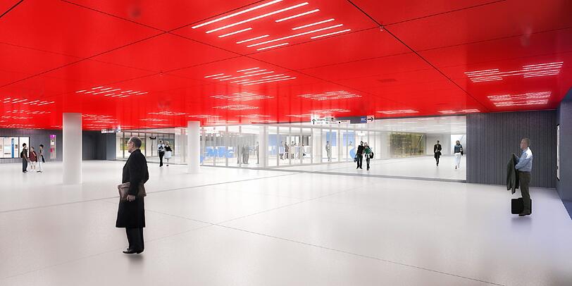 So soll der Marienplatz nach der Renovierung untenrum aussehen: In "Orangerot", "Blau" und "vornehmen Silber" planen Allmann Sattler Wappner und Ingo Maurer das neue Zwischengeschoss der S- und U-Bahnhaltestelle.
