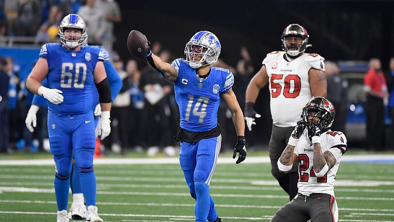 Er trägt die Nummer 14 und er ist in Topform: Amon-Ra St. Brown von den Detroit Lions.