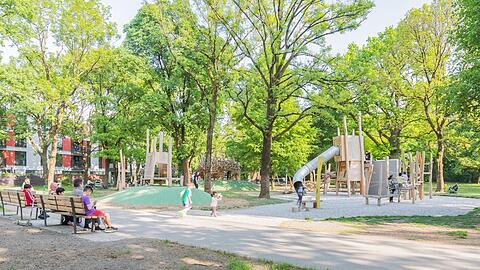 Der Amphionpark aus den 60er Jahren ist etwa so groß wie drei Fußballfelder. Weil die Anlagen darauf veraltet waren, hat die Stadt für Moosachs Jugend und Senioren vieles erneuert, wie die Spiellandschaft, das Bolz- und Streetballfeld, eine Hangrutsche, Parkbänke und die Wegeführung.