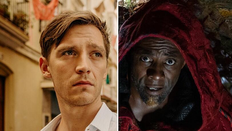 Jonas Nay als Betrüger Lars Bogenius in "Tausend Zeilen" (li.) und Idris Elba als magischer Dschinn in "Three Thousand Years Of Longing". Jonas Nay als Betrüger Lars Bogenius in "Tausend Zeilen" (li.) und Idris Elba als magischer Dschinn in "Three Thousand Years Of Longing".