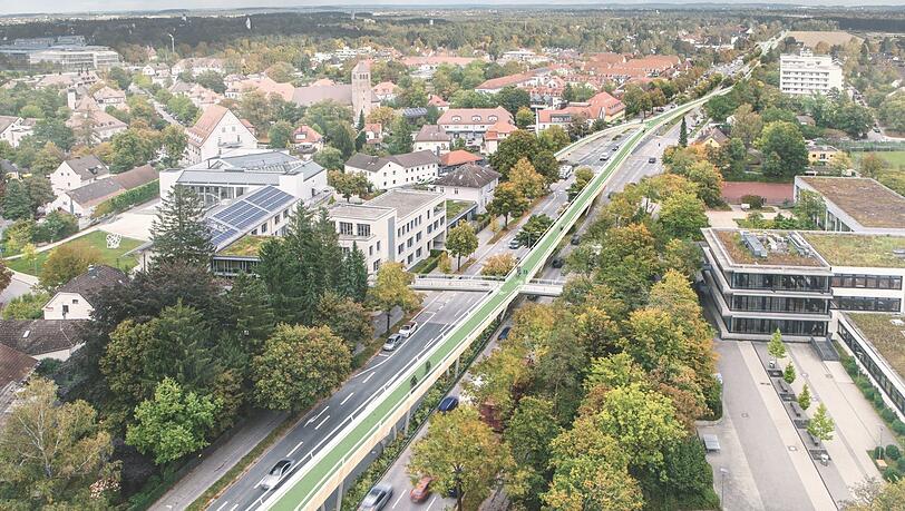 Die Visualisierung zeigt einen Stelzen-Radweg in der Gemeinde Haar. So ähnlich könnte er auch entlang der Leopoldstraße aussehen.