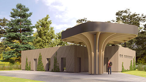 In Pilz-Optik mit einem geschwungenem Dach: Das neue Sanitärgebäude auf dem Campingplatz Thalkirchen. Drei dieser Häuser werden gebaut. An der Fassade und auf dem Dach wachsen Pflanzen.