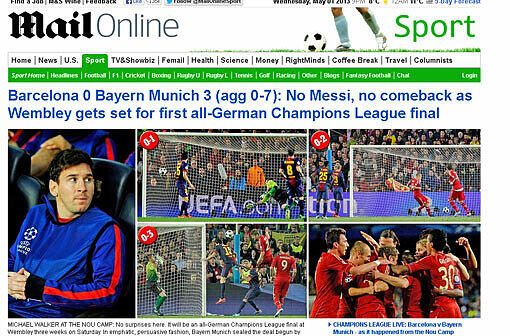 Die "Daily Mail" weist ebenfalls auf das erste deutsch-deutsche Finale in der Champions League hin - und zeigt zwischen einem traurigen Lionel Messi und jubelnden Bayern gleich auf der Titelseite alle drei Tore.