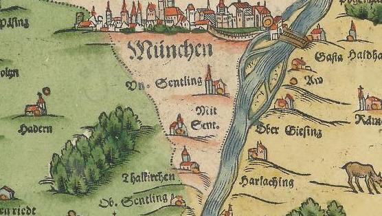Auf der Karte aus dem 16. Jahrhundert ist auch Harlaching zu finden. Auf der Karte aus dem 16. Jahrhundert ist auch Harlaching zu finden.