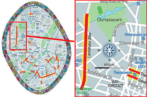 Nervtötender Lärm: die rot markierten Gebiete sind besonders laut - und bewohnt. Links das Stadtgebiet im Überblick, rechts die jeweiligen Brennpunkte.