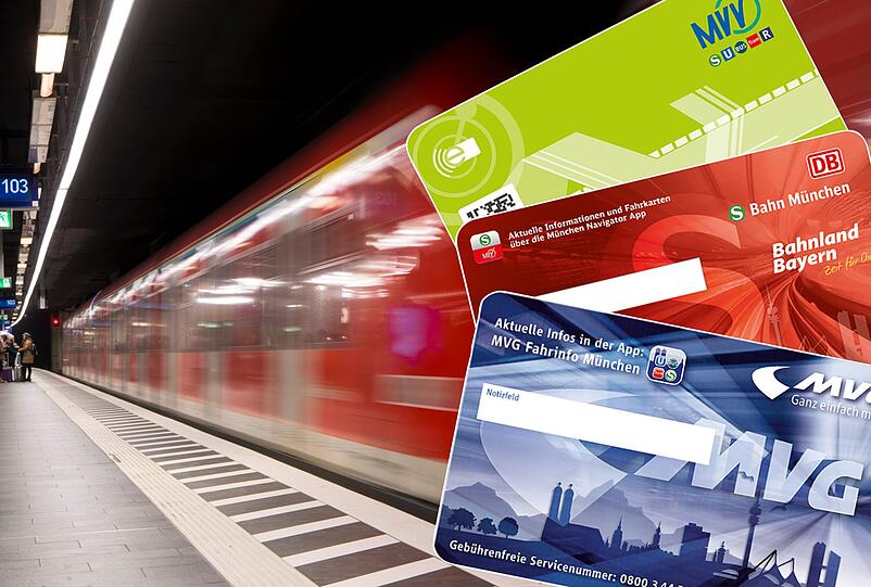 Die geplanten DB-, MVV- und MVG-Karten im Scheckkarten-Format. (AZ-Montage)