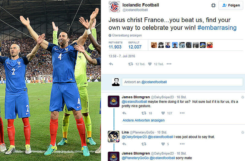 Gut geklaut ist halb gewonnen: Die französischen Nationalspieler feiern den Halbfinalsieg gegen Deutschland - mit isländischem Huh...