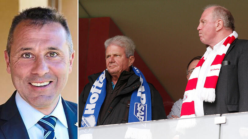 "Hopp ist so wichtig wie Hoeneß und Beckenbauer", sagt Sinsheims Oberbürgermeister Jörg Albrecht über 1899-Mäzen Dietmar Hopp - im rechten Bild links mit Bayern-Präsident Uli Hoeneß.