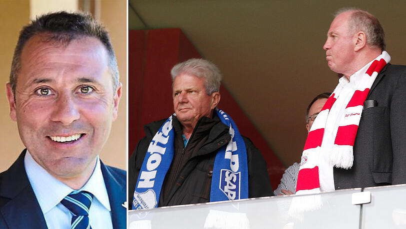 "Hopp ist so wichtig wie Hoeneß und Beckenbauer", sagt Sinsheims Oberbürgermeister Jörg Albrecht über 1899-Mäzen Dietmar Hopp - im rechten Bild links mit Bayern-Präsident Uli Hoeneß. "Hopp ist so wichtig wie Hoeneß und Beckenbauer", sagt Sinsheims Oberbürgermeister Jörg Albrecht über 1899-Mäzen Dietmar Hopp - im rechten Bild links mit Bayern-Präsident Uli Hoeneß.