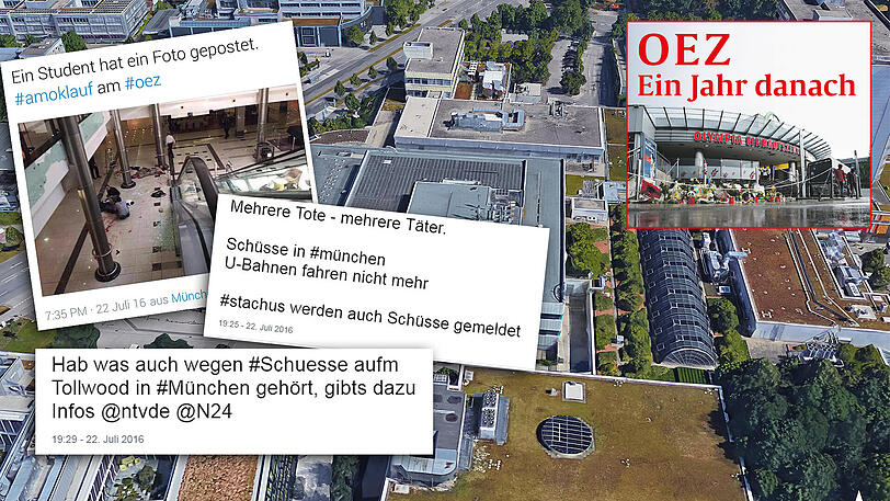 Gerüchte, die sich potenzieren: Falschmeldungen verbreiten sich in der Amoknacht rasend schnell über Dienste wie Twitter, Facebook und Co. Darunter sind nicht nur Berichte über weitere Tatorte, sondern auch irreführendes Bildmaterial: Das Foto oben links entstand nicht im OEZ, sondern bei einem Überfall in einem Shopping-Center in Südafrika.