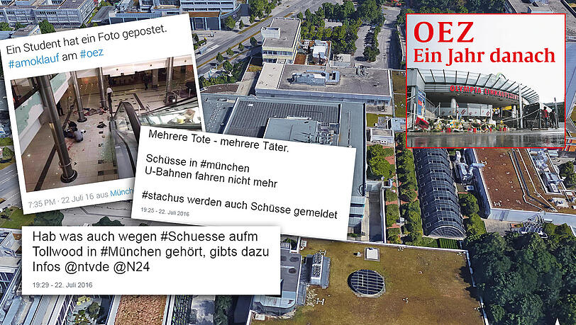 Gerüchte, die sich potenzieren: Falschmeldungen verbreiten sich in der Amoknacht rasend schnell über Dienste wie Twitter, Facebook und Co. Darunter sind nicht nur Berichte über weitere Tatorte, sondern auch irreführendes Bildmaterial: Das Foto oben links entstand nicht im OEZ, sondern bei einem Überfall in einem Shopping-Center in Südafrika. Gerüchte, die sich potenzieren: Falschmeldungen verbreiten sich in der Amoknacht rasend schnell über Dienste wie Twitter, Facebook und Co. Darunter sind nicht nur Berichte über weitere Tatorte, sondern auch irreführendes Bildmaterial: Das Foto oben links entstand nicht im OEZ, sondern bei einem Überfall in einem Shopping-Center in Südafrika.