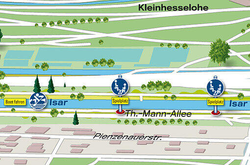 Höhe Kleinhesselohe: Gleich zwei Spielplätze bieten sich sich für einen Ausflug mit Kindern an.
