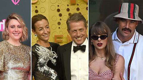 Beteiligt im Verwechslungsreigen waren (v.l.): Greta Gerwig, Anna Eberstein, Taylor Swift und Travis Kelce.