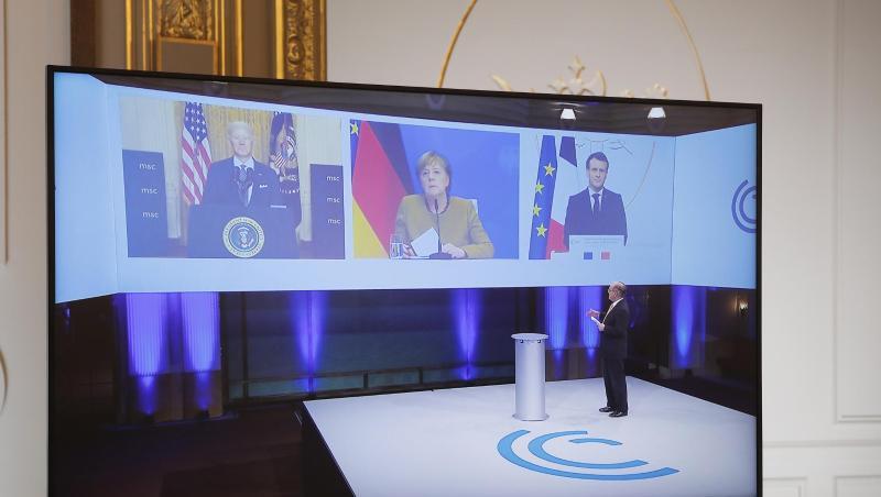 Ein Bild der vergangenen Siko: Biden, Merkel und Macron in einer Videoschalte. Ein Bild der vergangenen Siko: Biden, Merkel und Macron in einer Videoschalte.