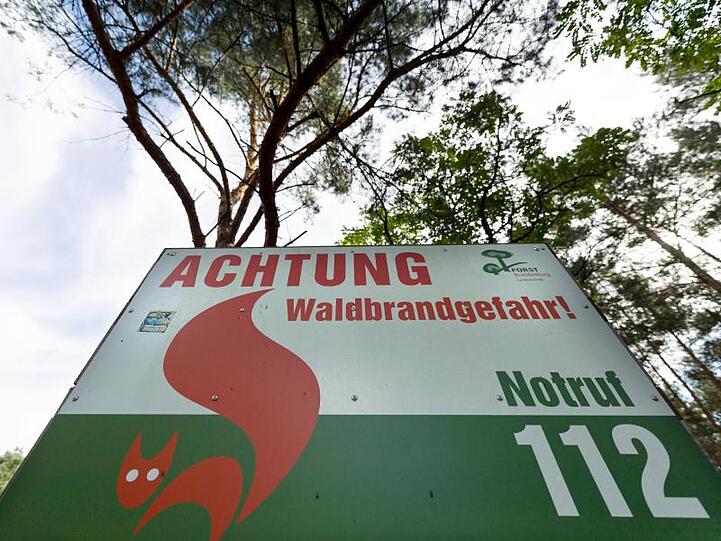Eine Info-Tafel warnt im brandenburgischen Halbe vor Waldbrandgefahr.