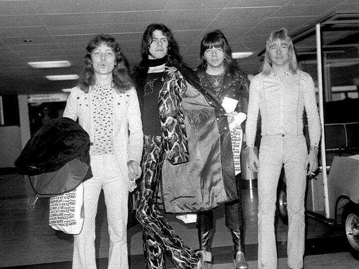 Steve Priest (v.l.n.r.) , Mick Turner, Andy Scott und Brian Connolly von The Sweet 1973 in London.