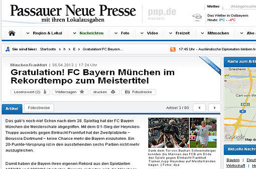 Die PNP gratuliert: "Gratulation! FC Bayern München im Rekordtempo zum Meistertitel".