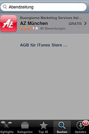 Sie fnden die AZ iPhone-App im App Store unter dem Suchbegriff "Abendzeitung" oder einfach "AZ". Sie können die App entweder direkt an Ihrem iPhone installieren oder an Ihrem Rechner in itunes downloaden. Sie benötigen ein iPhone OS 3.0 oder eine jüngere Version.