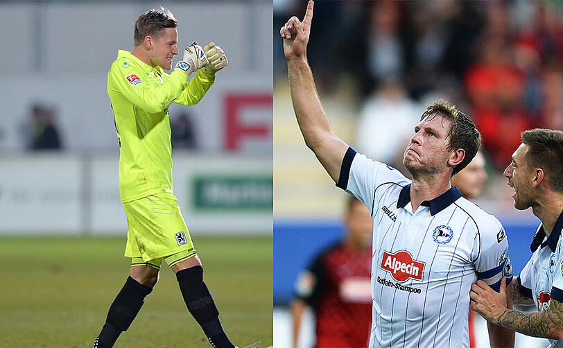 Löwen-Keeper Vitus Eicher (links) möchte die Null halten, Bielefeld-Torjäger Fabian Klos (rechts) will genau das verhindern.