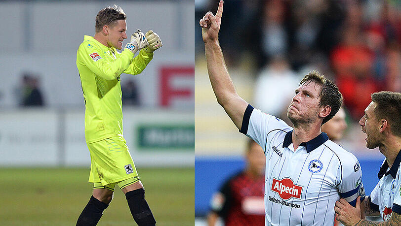 Löwen-Keeper Vitus Eicher (links) möchte die Null halten, Bielefeld-Torjäger Fabian Klos (rechts) will genau das verhindern. Löwen-Keeper Vitus Eicher (links) möchte die Null halten, Bielefeld-Torjäger Fabian Klos (rechts) will genau das verhindern.