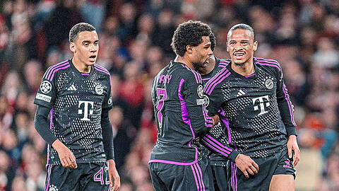 Allesamt angeschlagen einen Monat vor der EM: Die Bayern-Stars (v.l.) Jamal Musiala, bei dem es wieder deutlich besser aussieht, Serge Gnabry und Leroy Sané.