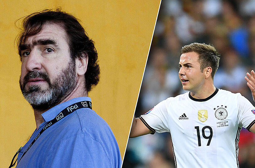 "Ich habe herausgefunden, dass ich wohl einen Sohn in Deutschland habe ... ja, Mario Götze!" Das sagt die französische Fußball-Legende Eric Cantona (l.) in seiner aktuellen EM-Kolumne.
