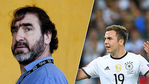 "Ich habe herausgefunden, dass ich wohl einen Sohn in Deutschland habe ... ja, Mario Götze!" Das sagt die französische Fußball-Legende Eric Cantona (l.) in seiner aktuellen EM-Kolumne.