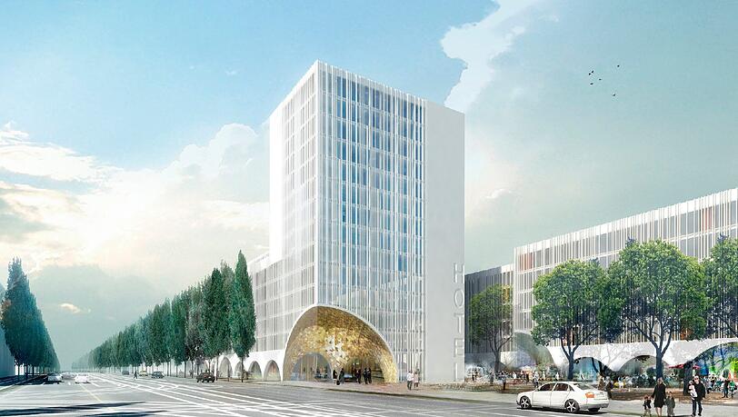Der Blick von der Leopoldstraße auf das Luxushotel. Gegenüber ist die Einmündung der Parzivalstraße zum Schwabinger Krankenhaus.